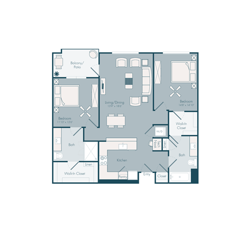 Floor plan for 2 beds, 2 baths, 1192 sqft