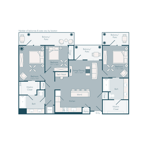 Floor plan for 3 beds, 2 baths, 1348 sqft