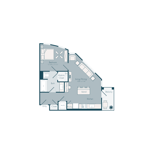 Floor plan for 1 bed, 1 bath, 624 sqft