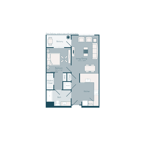 Floor plan for 1 bed, 1 bath, 737 sqft
