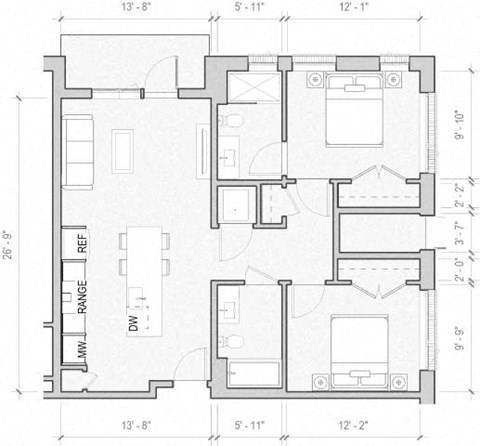 Floor plan for 2 beds, 2 baths, 997 sqft
