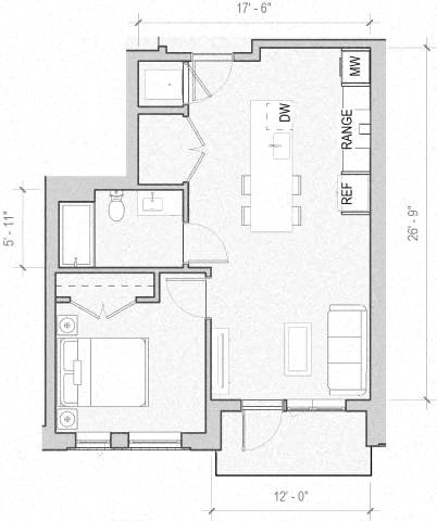 Floor plan for 1 bed, 1 bath, 655 sqft