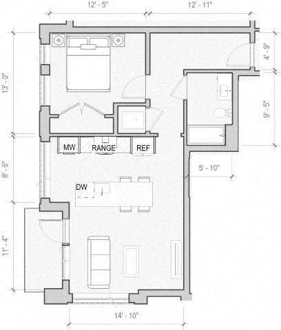 Floor plan for 1 bed, 1 bath, 748 sqft