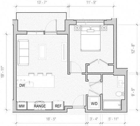 Floor plan for 1 bed, 1 bath, 636 sqft