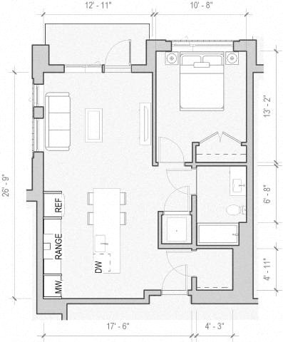 Floor plan for 1 bed, 1 bath, 727 sqft