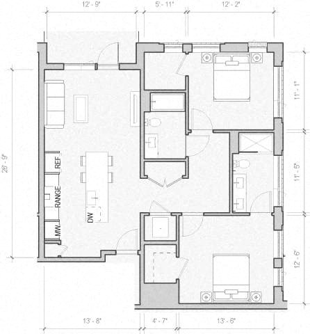 Floor plan for 2 beds, 2 baths, 1144 sqft