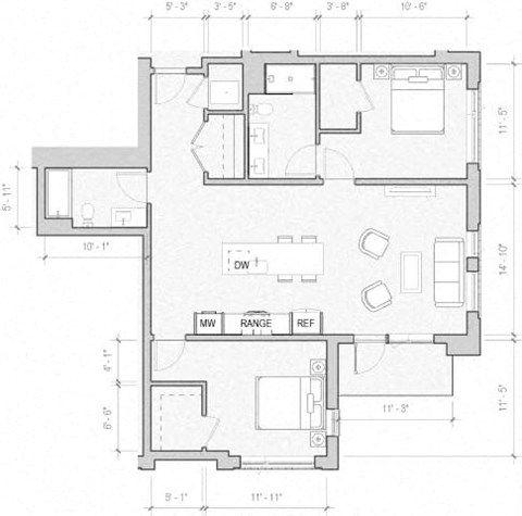 Floor plan for 2 beds, 2 baths, 1225 sqft