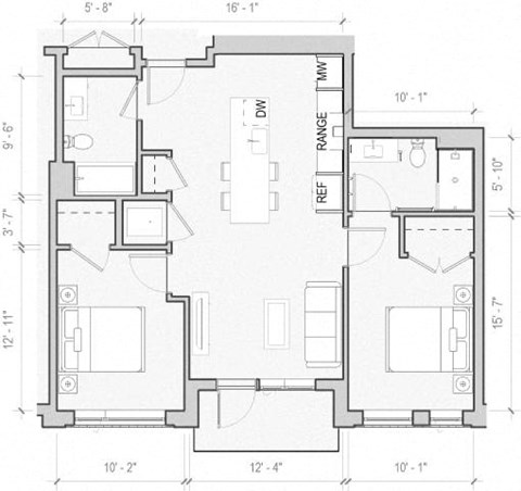 Floor plan for 2 beds, 2 baths, 920 sqft