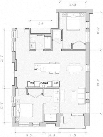 Floor plan for 2 beds, 2 baths, 1163 sqft