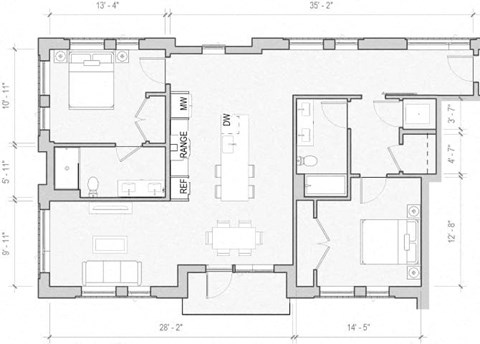 Floor plan for 2 beds, 2 baths, 1360 sqft