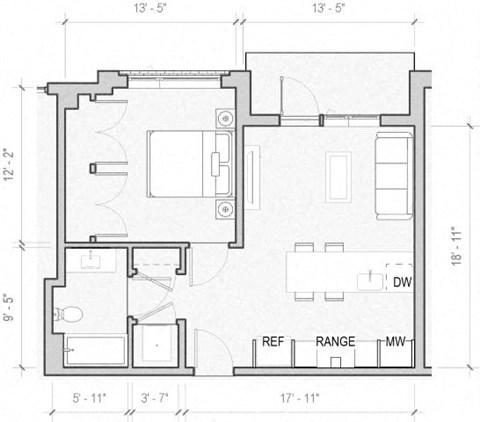 Floor plan for 1 bed, 1 bath, 635 sqft