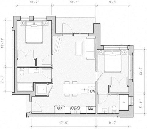Floor plan for 2 beds, 2 baths, 899 sqft