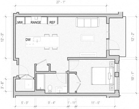 Floor plan for 1 bed, 1 bath, 704 sqft