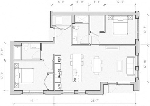 Floor plan for 2 beds, 2 baths, 1099 sqft