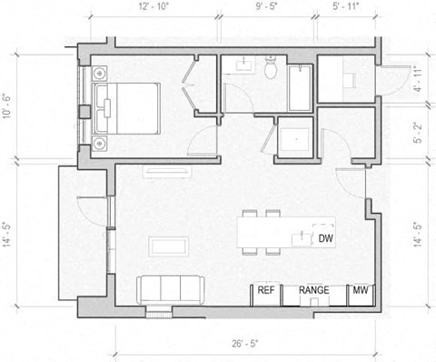 Floor plan for 1 bed, 1 bath, 785 sqft