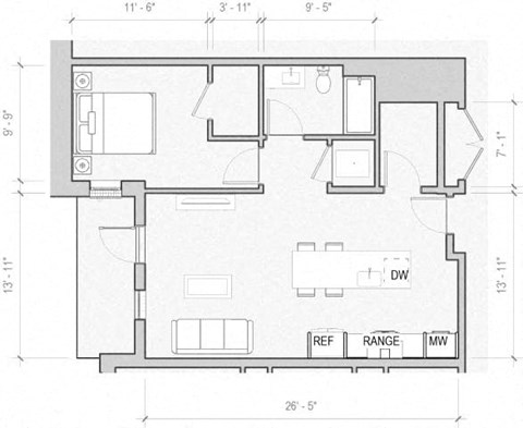 Floor plan for 1 bed, 1 bath, 744 sqft