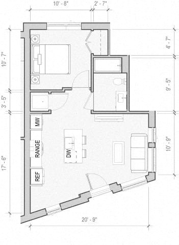 Floor plan for 1 bed, 1 bath, 606 sqft