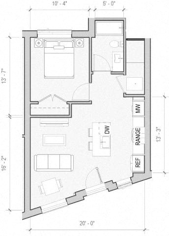 Floor plan for 1 bed, 1 bath, 596 sqft