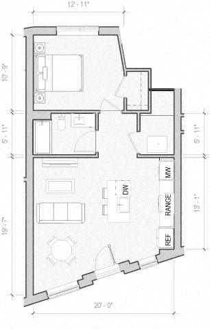 Floor plan for 1 bed, 1 bath, 686 sqft