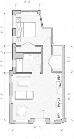 Floor plan for 1 bed, 1 bath, 654 sqft