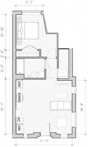 Floor plan for 1 bed, 1 bath, 639 sqft