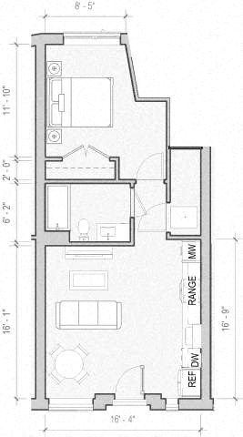 Floor plan for 1 bed, 1 bath, 599 sqft
