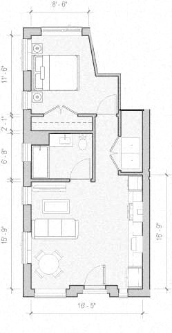 Floor plan for 1 bed, 1 bath, 629 sqft