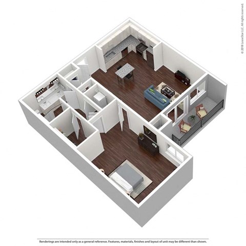 Floor plan for 1 bed, 1 bath, 973 sqft