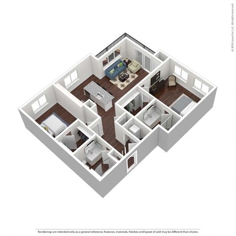 Floor plan for 2 beds, 2 baths, 1039 sqft