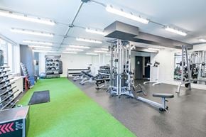 New York apartment for rent - a gym with weights and cardio equipment and green carpet