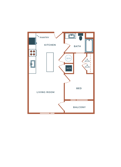 Floor plan for 1 bed, 1 bath, 671 sqft
