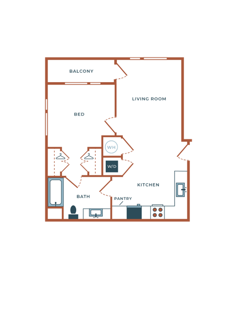 Floor plan for 1 bed, 1 bath, 674 sqft