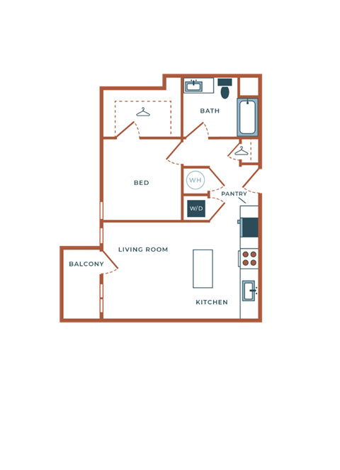 Floor plan for 1 bed, 1 bath, 686 sqft