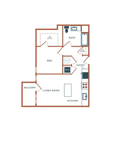 Floor plan for 1 bed, 1 bath, 687 sqft