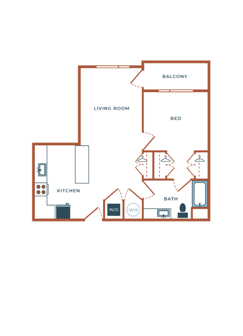 Floor plan for 1 bed, 1 bath, 784 sqft