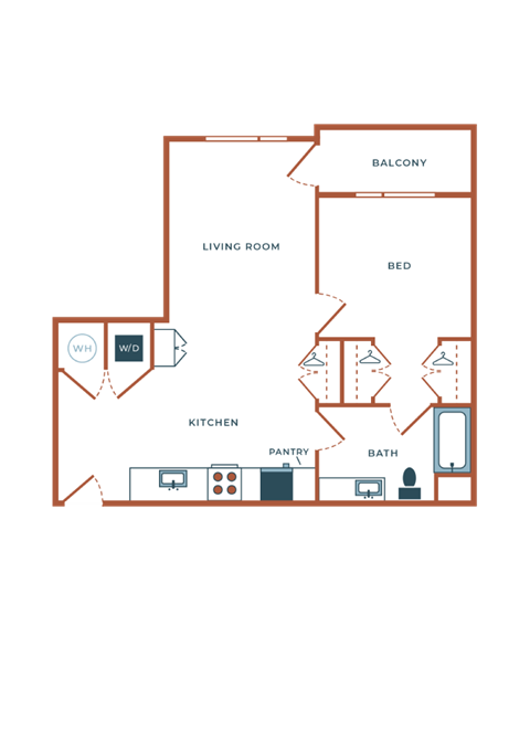 Floor plan for 1 bed, 1 bath, 784 sqft