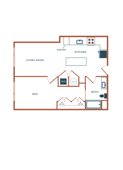 Floor plan for 1 bed, 1 bath, 798 sqft
