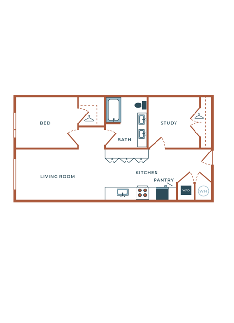 Floor plan for 1 bed, 1 bath, 919 sqft