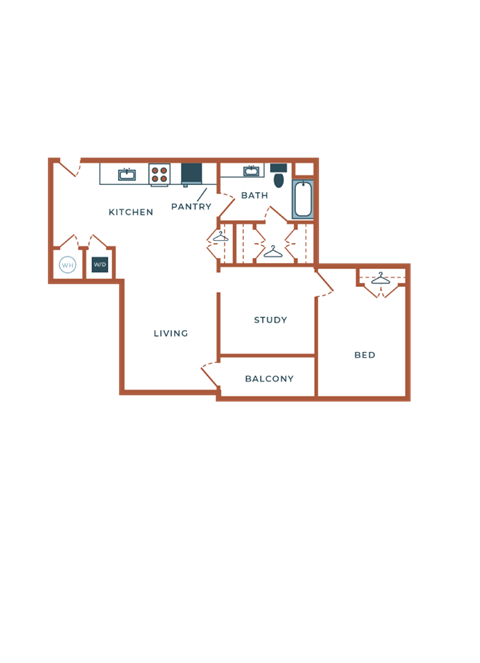 Floor plan for 1 bed, 1 bath, 976 sqft