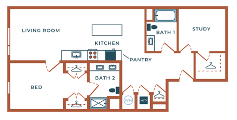 Floor plan for 1 bed, 2 baths, 1178 sqft