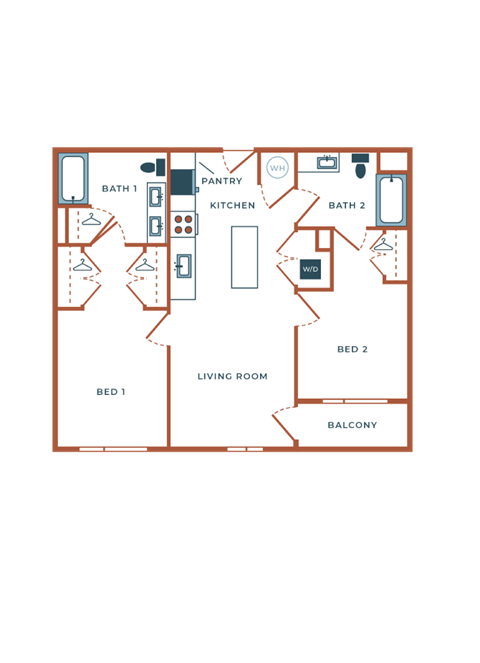 Floor plan for 2 beds, 2 baths, 998 sqft