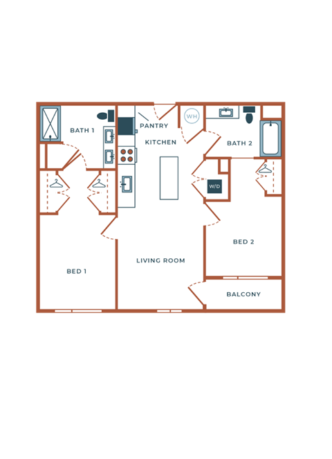 Floor plan for 2 beds, 2 baths, 1001 sqft