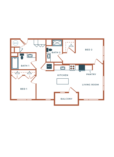 Floor plan for 2 beds, 2 baths, 1041 sqft