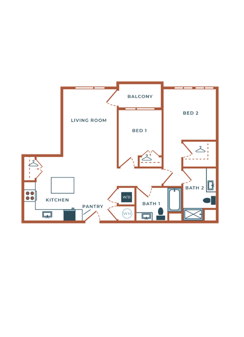 Floor plan for 2 beds, 2 baths, 1061 sqft