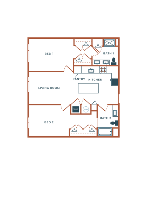 Floor plan for 2 beds, 2 baths, 1134 sqft