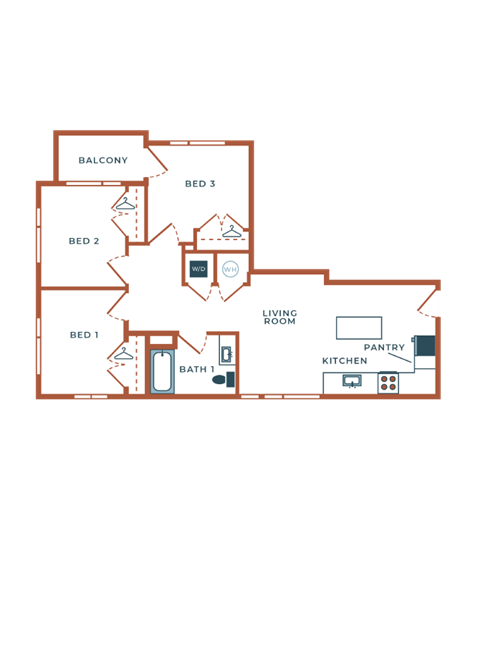 Floor plan for 3 beds, 1 bath, 956 sqft