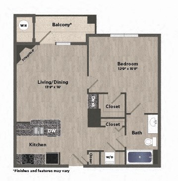 Floor plan for 1 bed, 1 bath, 726 sqft