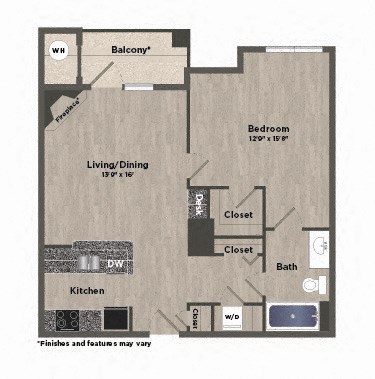 Floor plan for 1 bed, 1 bath, 746 sqft