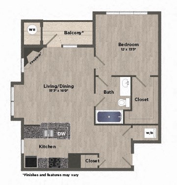 Floor plan for 1 bed, 1 bath, 791 sqft