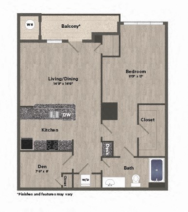 Floor plan for 1 bed, 1 bath, 946 sqft